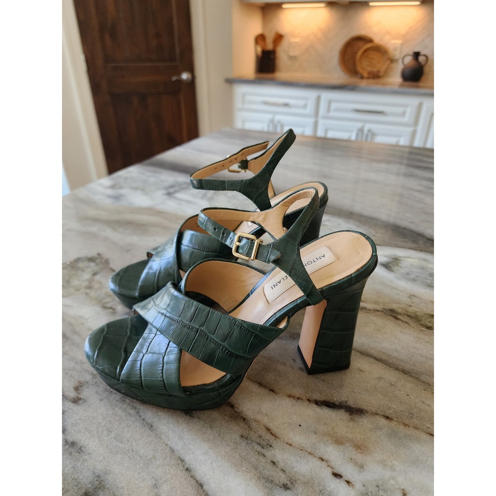 Antonio Melani Green Croc Embossed Leather Platform Block Heel Sandals 6.5M